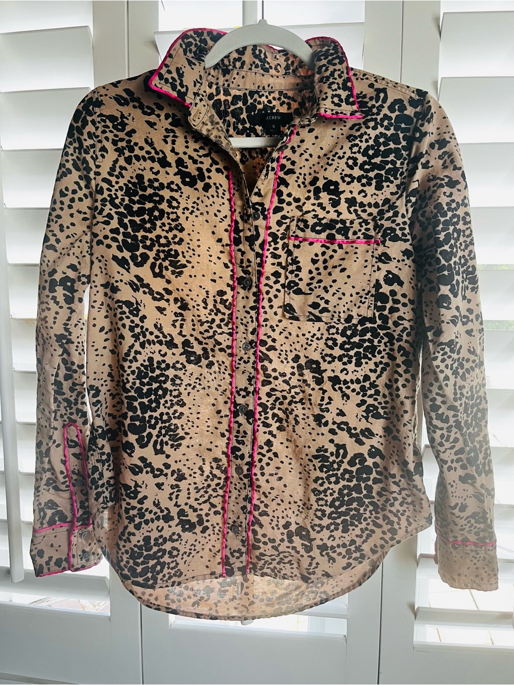 J. Crew Leopard Print Button-Down Shirt with Hot Pink Trim
